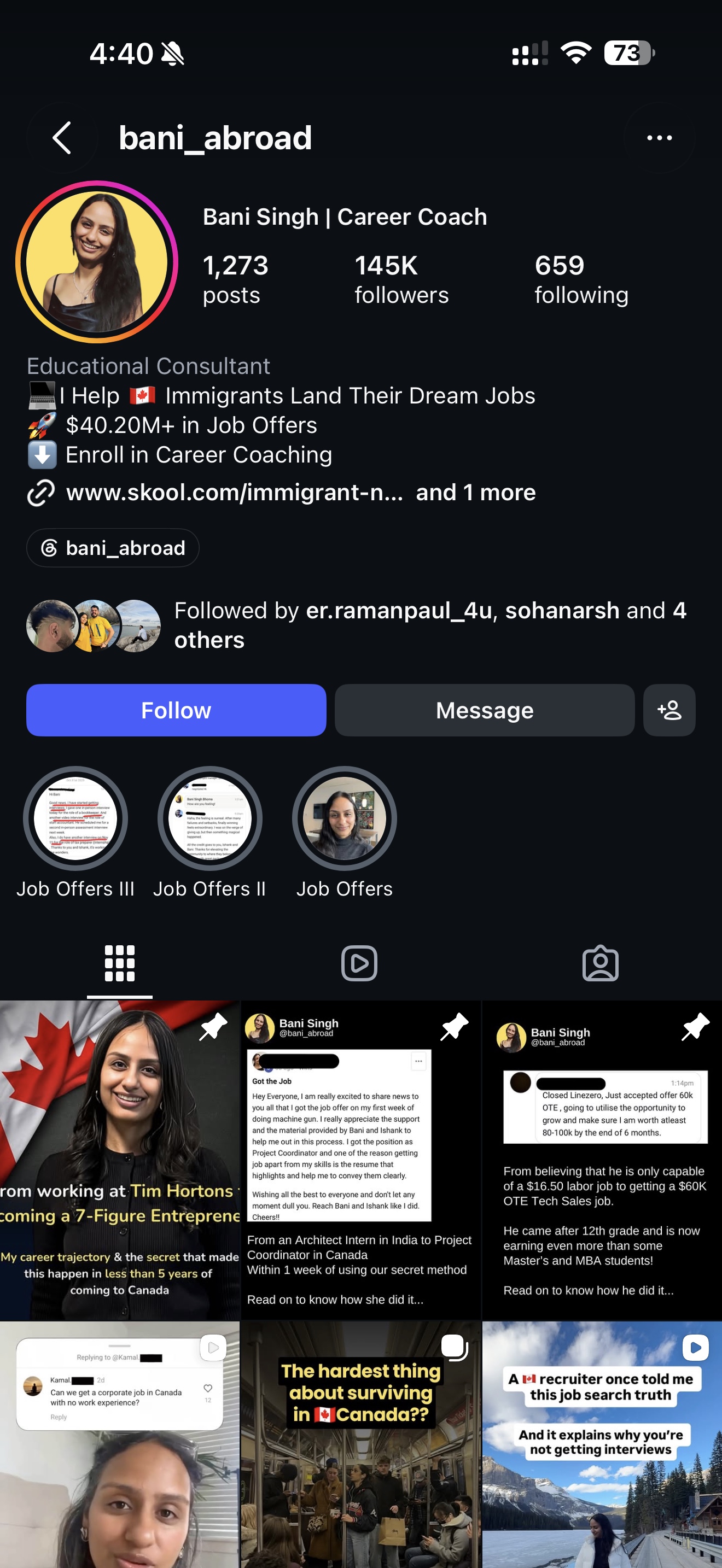 Restored career coaching Instagram account screenshot